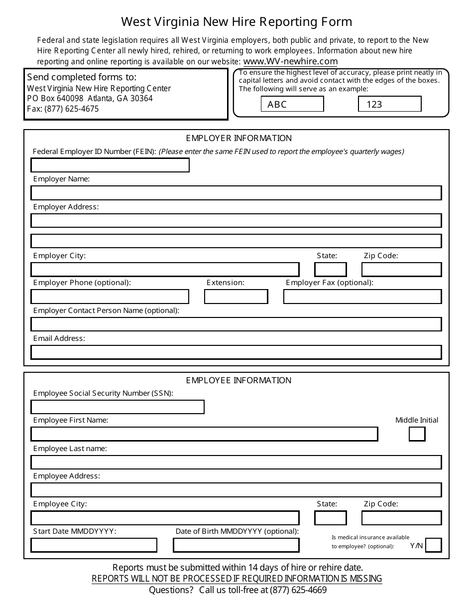 New Hire Reporting Form - West Virginia New Hire Reporting Center - West Virginia, Page 1