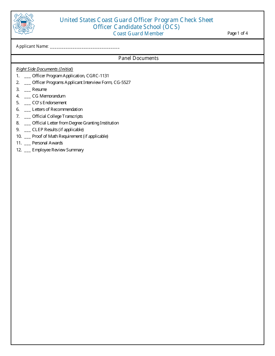 United States Coast Guard Officer Program Check Sheet, Page 1
