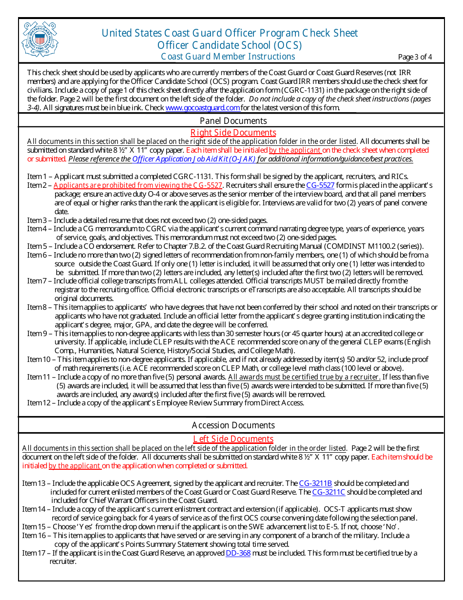 United States Coast Guard Officer Program Check Sheet, Page 3