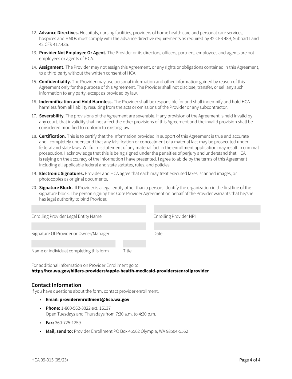 Form HCA09-015 Core Provider Agreement - Washington, Page 4