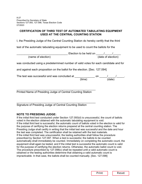 Form 8-27 Certification of Third Test of Automated Tabulating Equipment Used at the Central Counting Station - Texas