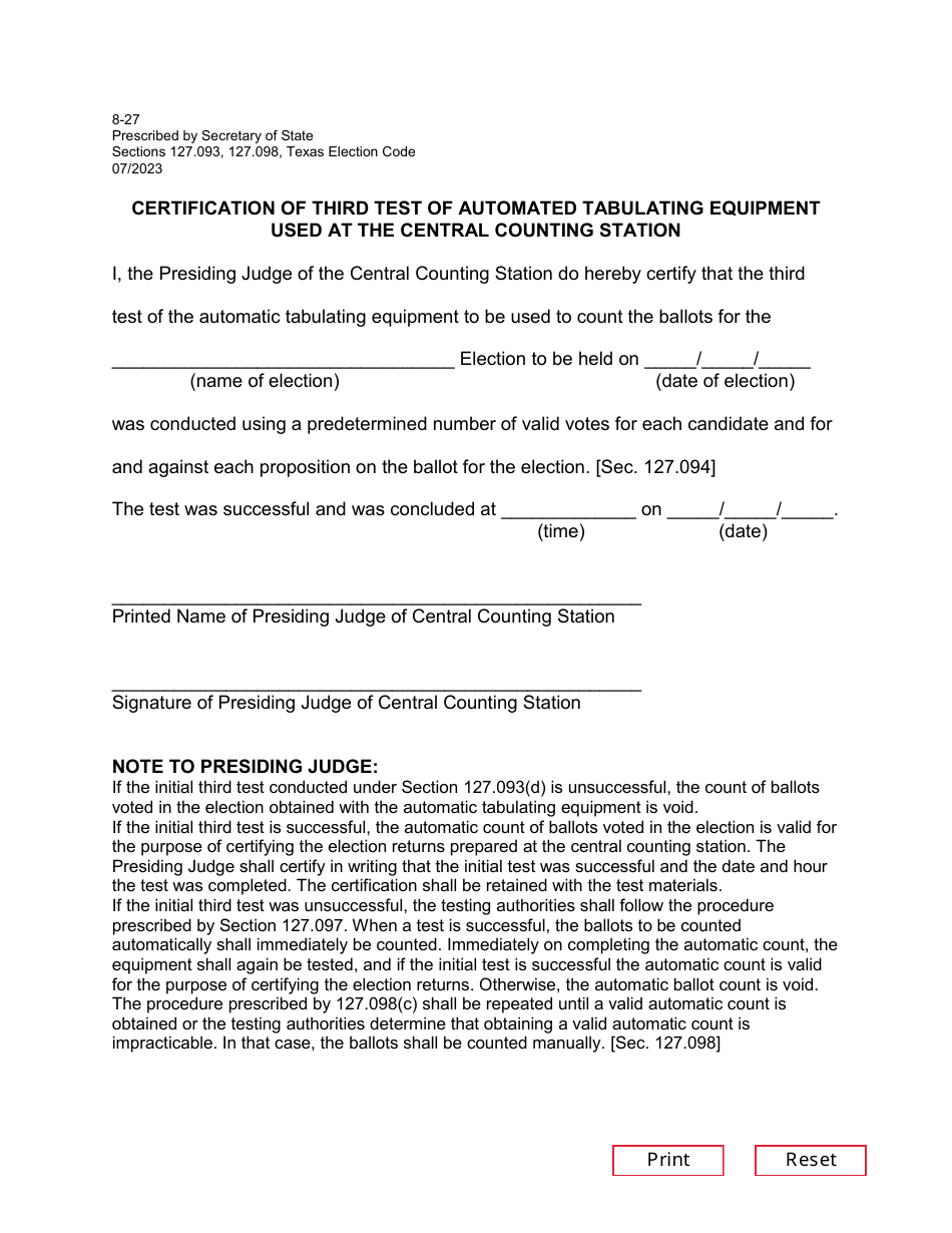 Form 8-27 - Fill Out, Sign Online and Download Fillable PDF, Texas ...