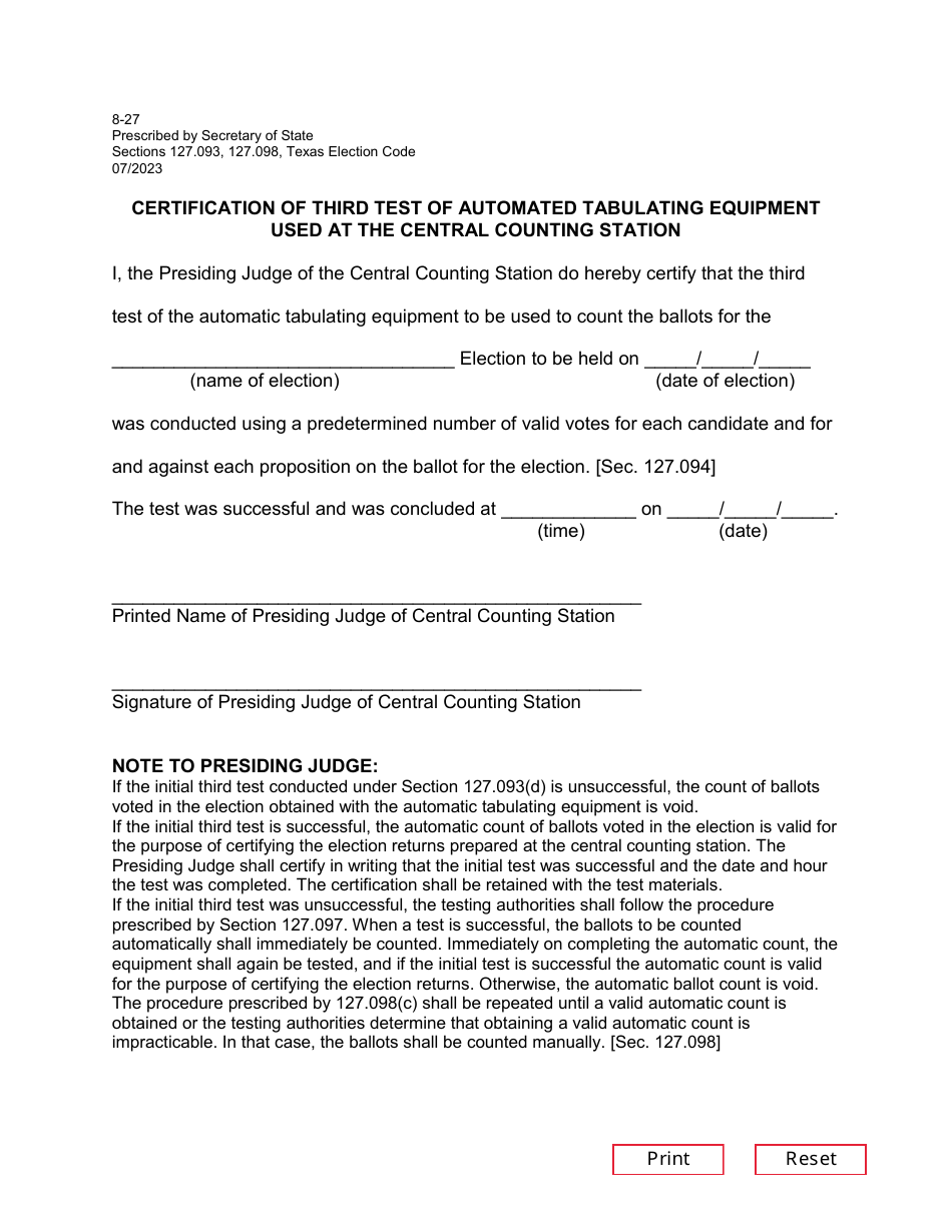 Form 8-27 Certification of Third Test of Automated Tabulating Equipment Used at the Central Counting Station - Texas, Page 1
