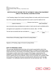 Document preview: Form 8-25 Certification of Second Test of Automatic Tabulating Equipment Used at the Central Counting Station - Texas