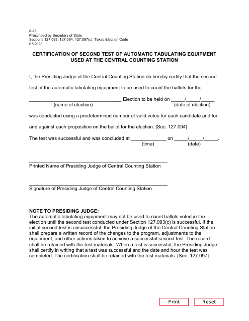 Form 8-25 Certification of Second Test of Automatic Tabulating Equipment Used at the Central Counting Station - Texas