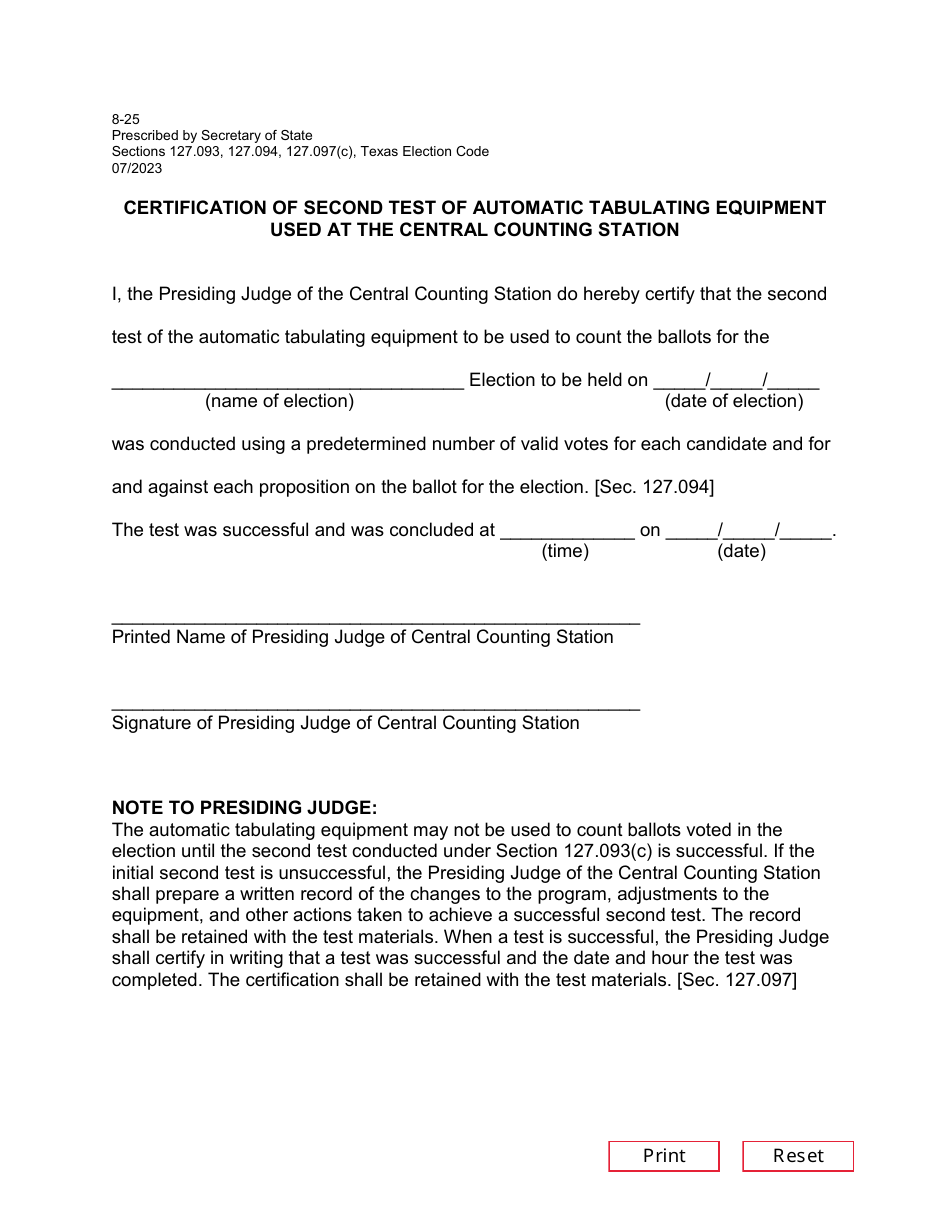Form 8-25 Certification of Second Test of Automatic Tabulating Equipment Used at the Central Counting Station - Texas, Page 1