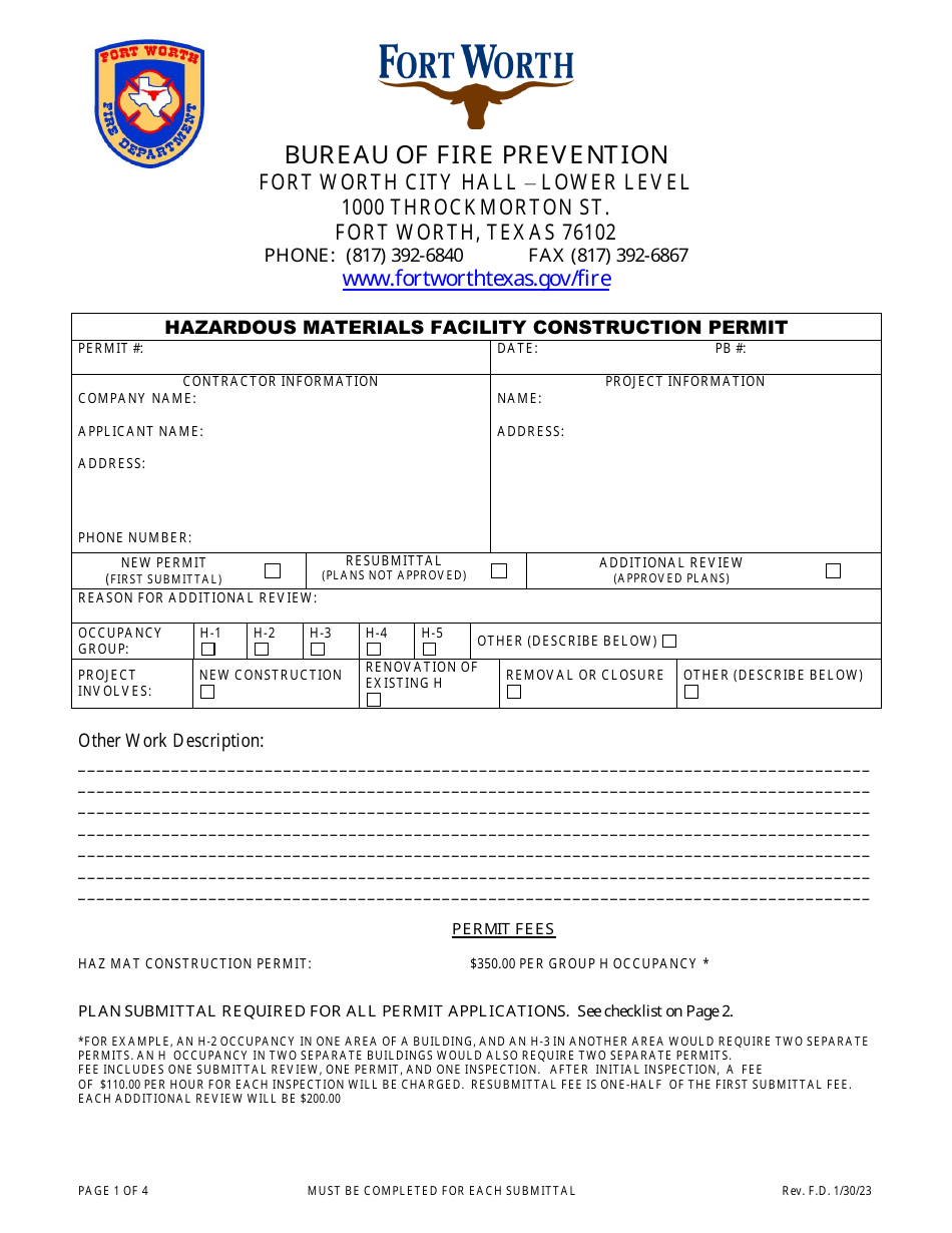 Hazardous Materials Facility Construction Permit - City of Fort Worth, Texas, Page 1