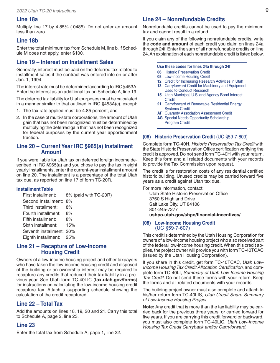 Instructions for Form TC-20 Utah Corporation Franchise and Income Tax Return - Utah, Page 11