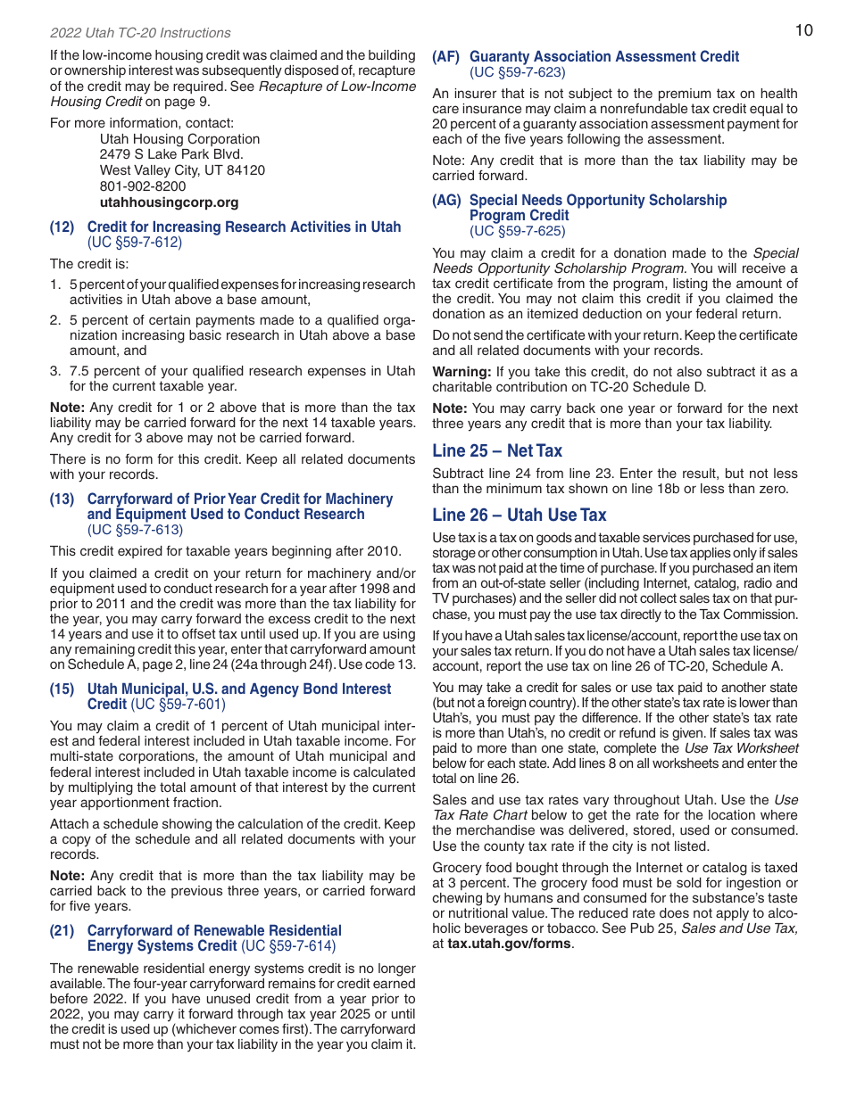 Instructions for Form TC-20 Utah Corporation Franchise and Income Tax Return - Utah, Page 12