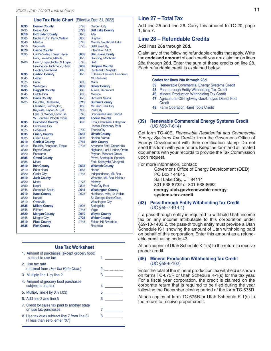 Instructions for Form TC-20 Utah Corporation Franchise and Income Tax Return - Utah, Page 13