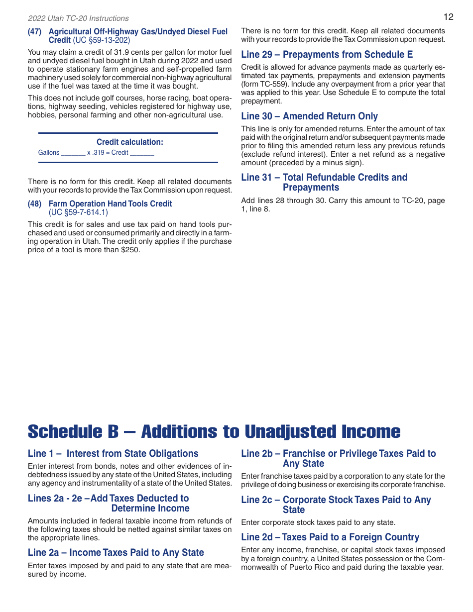 Instructions for Form TC-20 Utah Corporation Franchise and Income Tax Return - Utah, Page 14