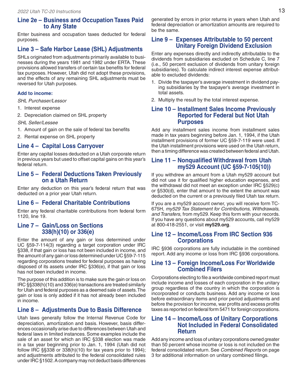 Instructions for Form TC-20 Utah Corporation Franchise and Income Tax Return - Utah, Page 15