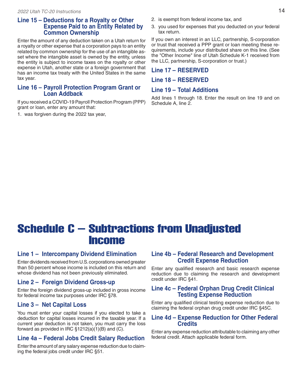 Instructions for Form TC-20 Utah Corporation Franchise and Income Tax Return - Utah, Page 16