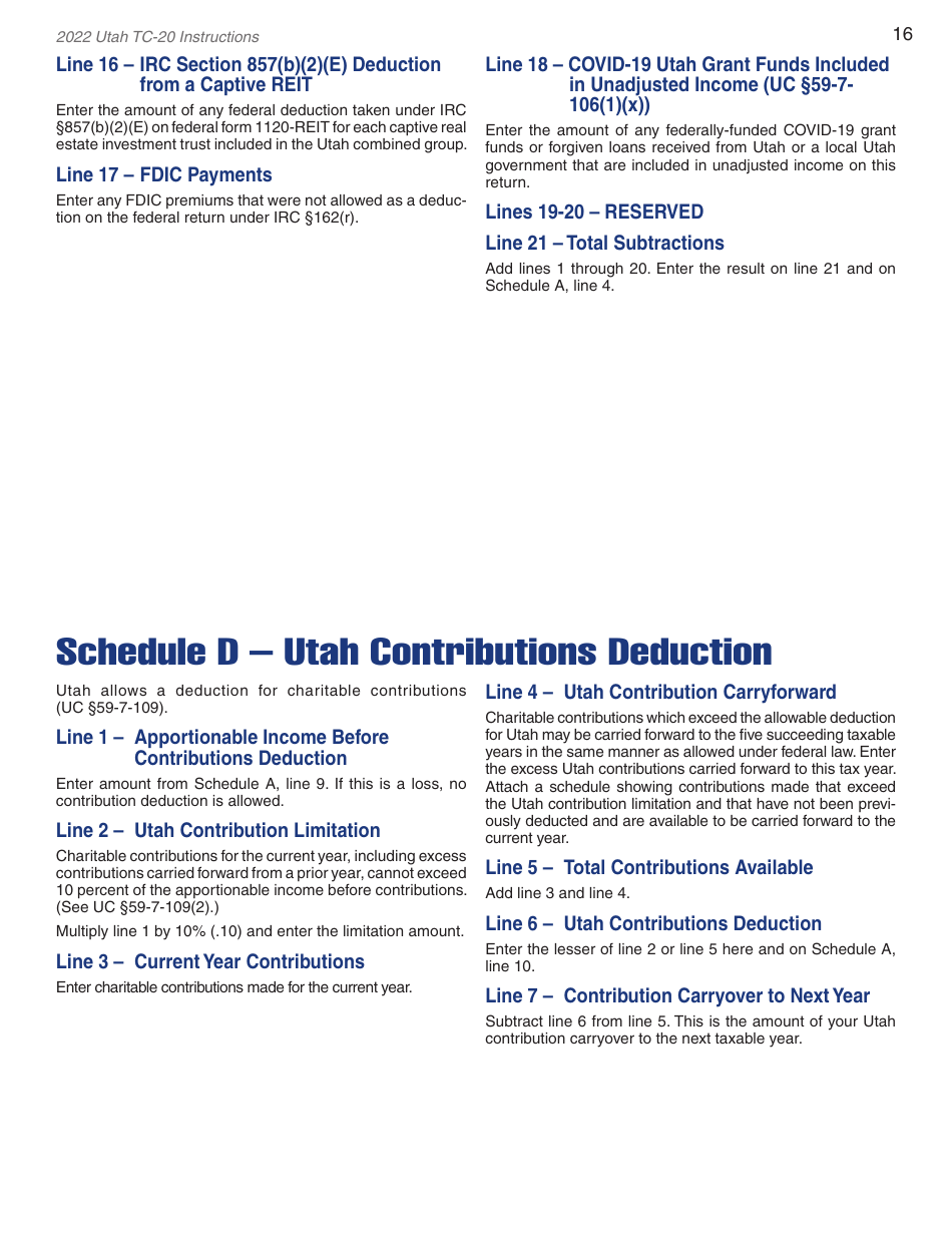 Instructions for Form TC-20 Utah Corporation Franchise and Income Tax Return - Utah, Page 18
