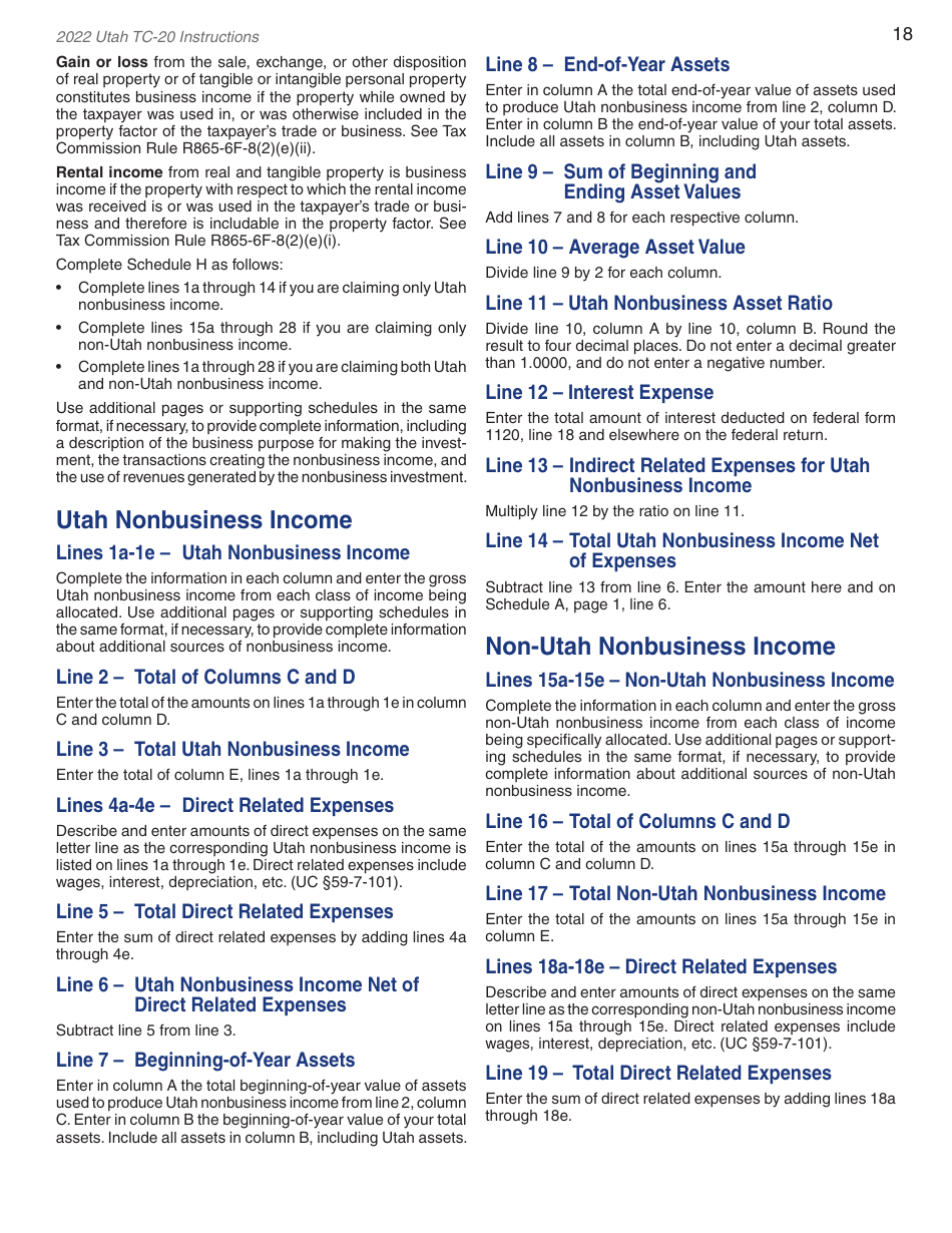 Instructions for Form TC-20 Utah Corporation Franchise and Income Tax Return - Utah, Page 20