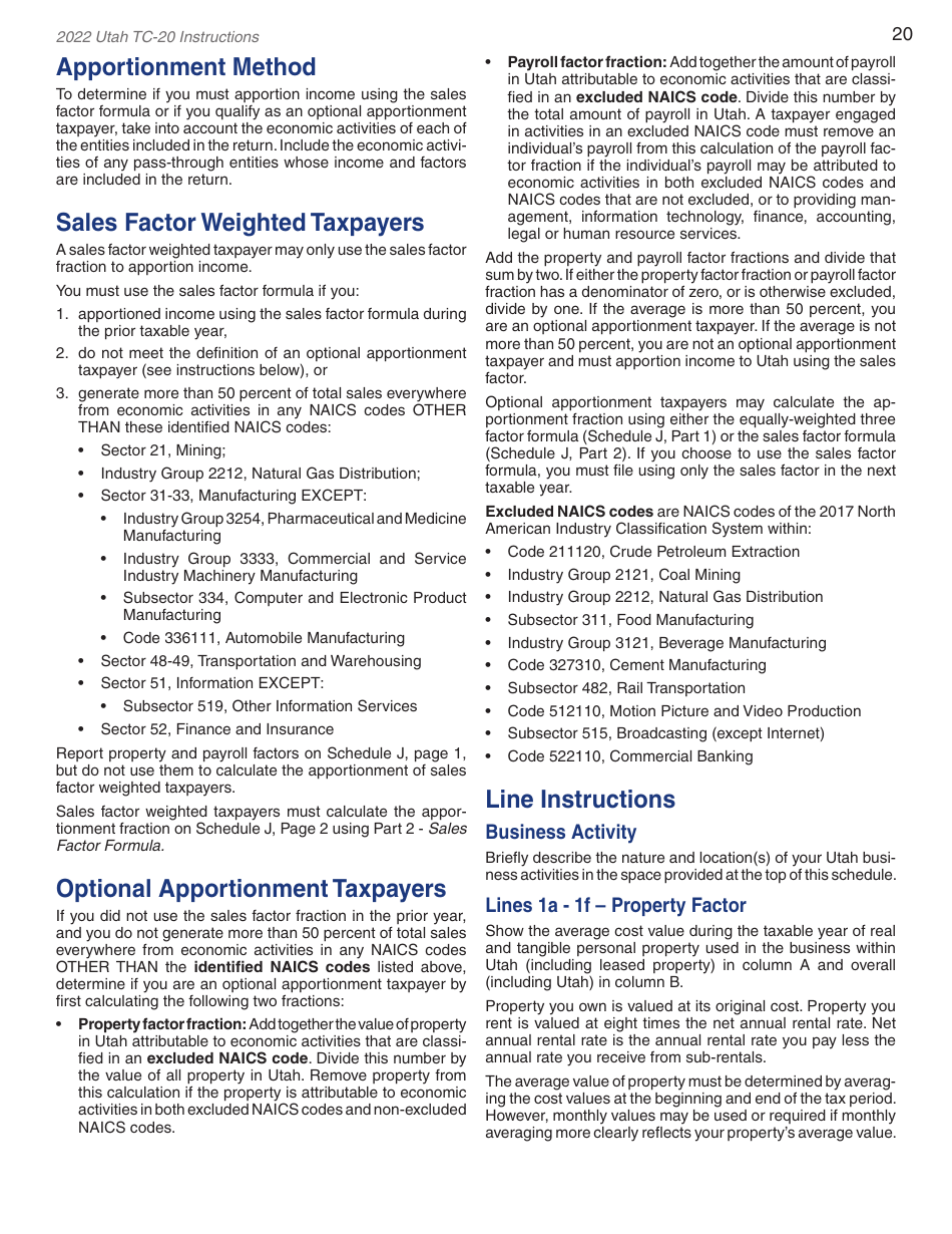 Instructions for Form TC-20 Utah Corporation Franchise and Income Tax Return - Utah, Page 22