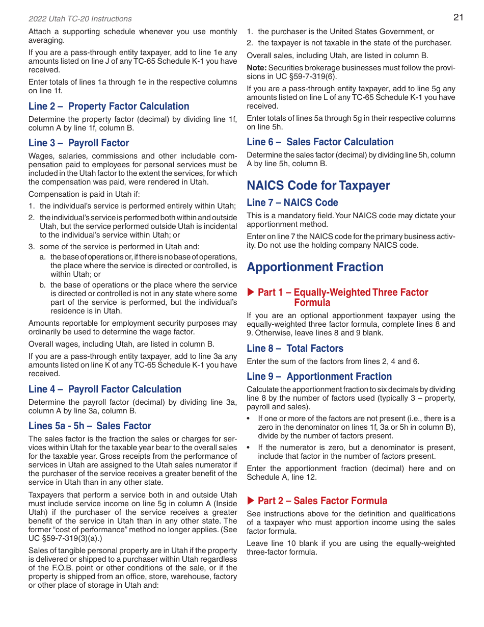 Instructions for Form TC-20 Utah Corporation Franchise and Income Tax Return - Utah, Page 23