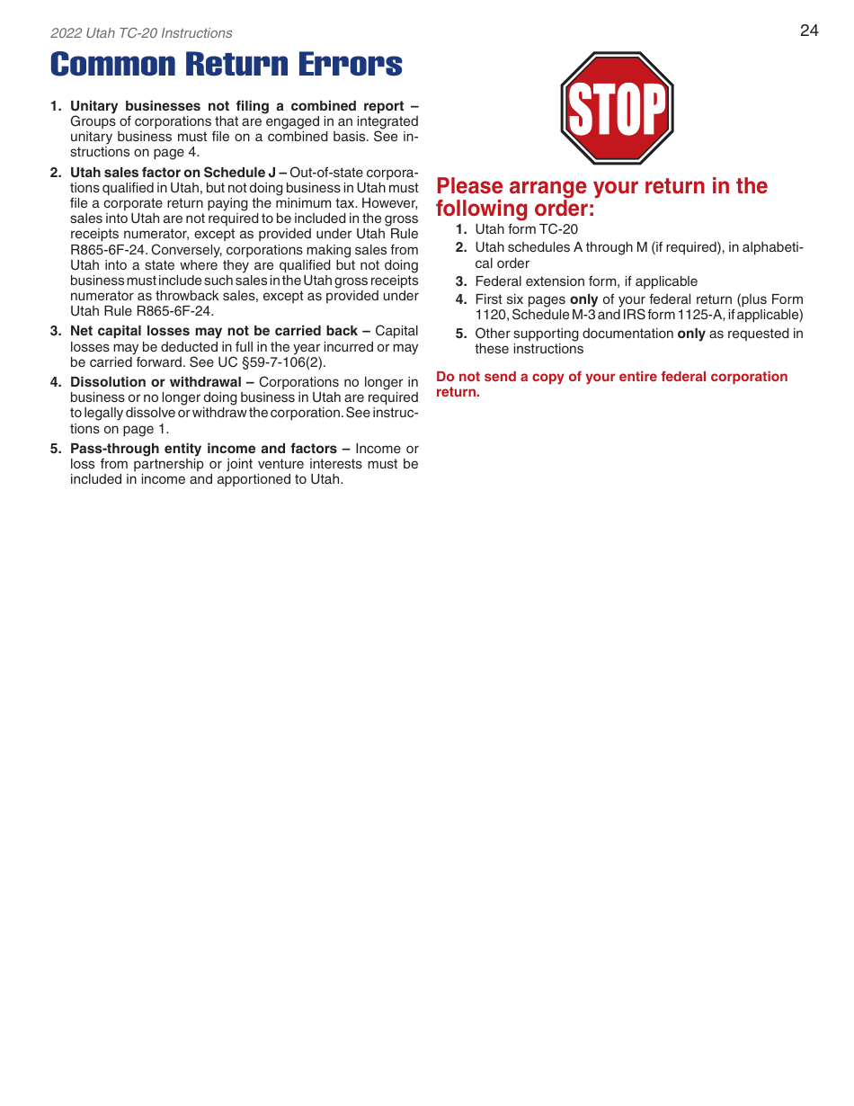 Instructions for Form TC-20 Utah Corporation Franchise and Income Tax Return - Utah, Page 26