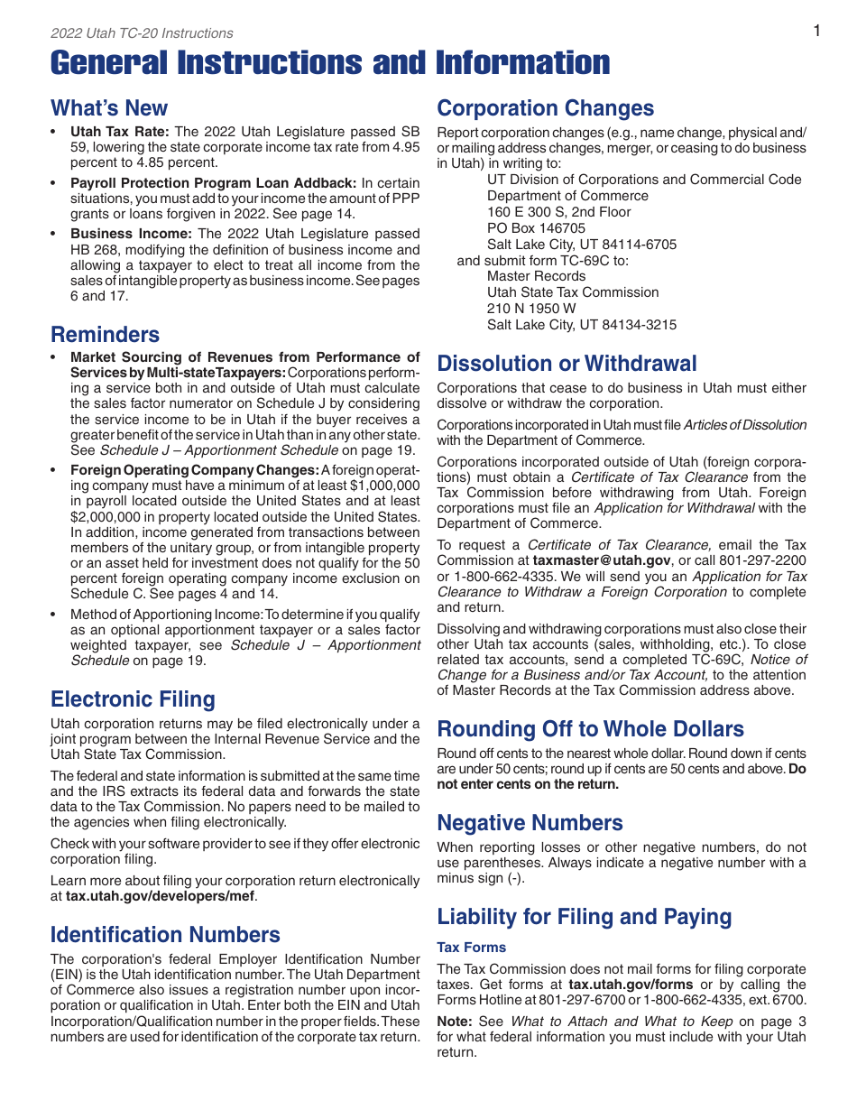 Instructions for Form TC-20 Utah Corporation Franchise and Income Tax Return - Utah, Page 3