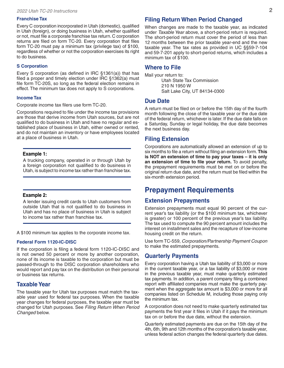 Instructions for Form TC-20 Utah Corporation Franchise and Income Tax Return - Utah, Page 4