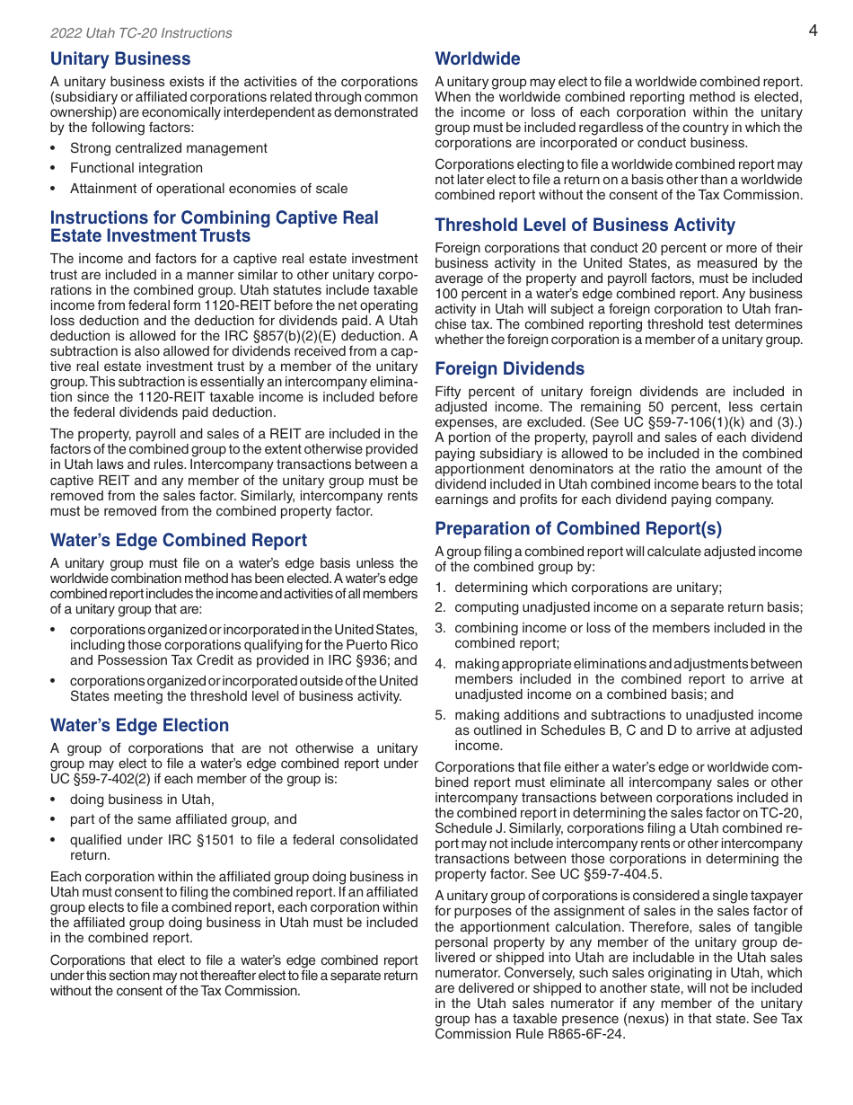 Instructions for Form TC-20 Utah Corporation Franchise and Income Tax Return - Utah, Page 6
