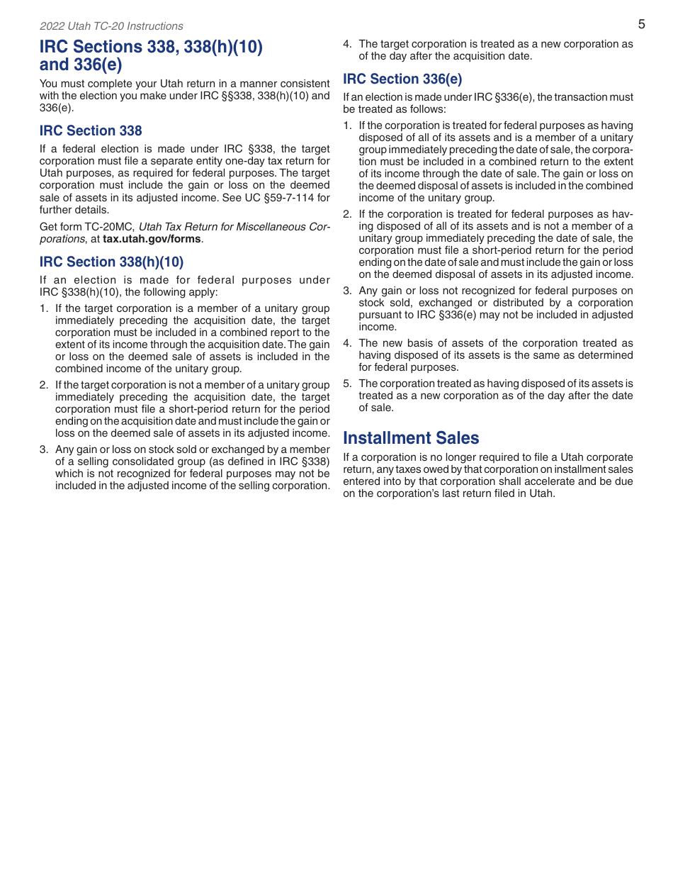 Instructions for Form TC-20 Utah Corporation Franchise and Income Tax Return - Utah, Page 7