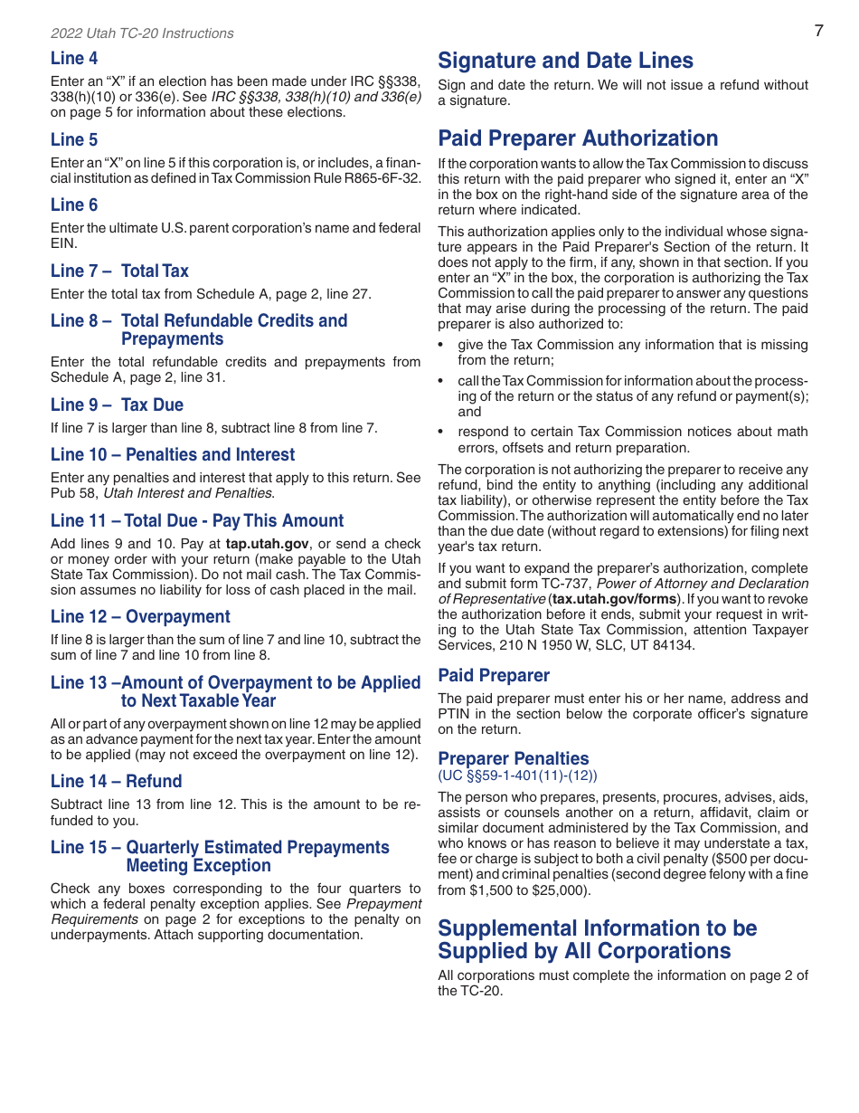 Instructions for Form TC-20 Utah Corporation Franchise and Income Tax Return - Utah, Page 9