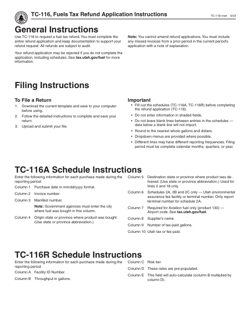 Instructions for Form TC-116 Utah Application for Fuel Tax Refund - Utah