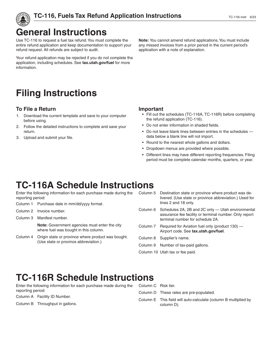 Instructions for Form TC-116 Utah Application for Fuel Tax Refund - Utah, Page 1