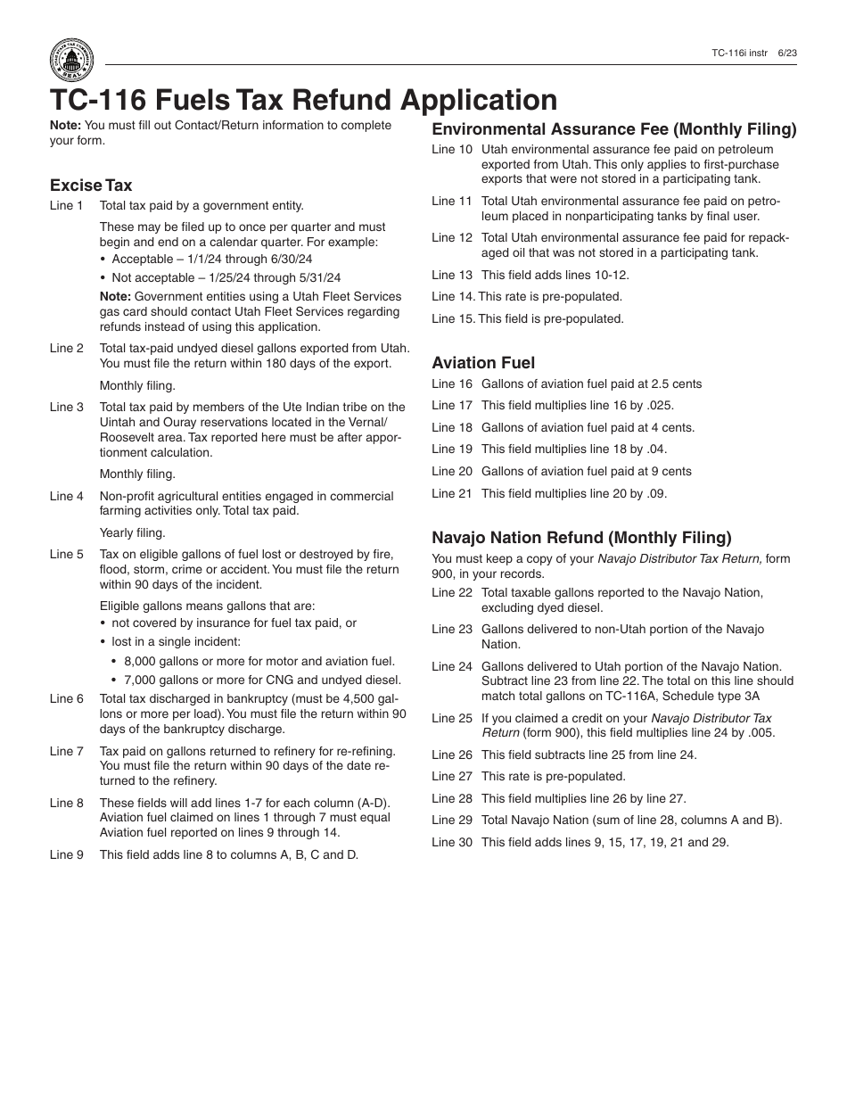 Instructions for Form TC-116 Utah Application for Fuel Tax Refund - Utah, Page 2