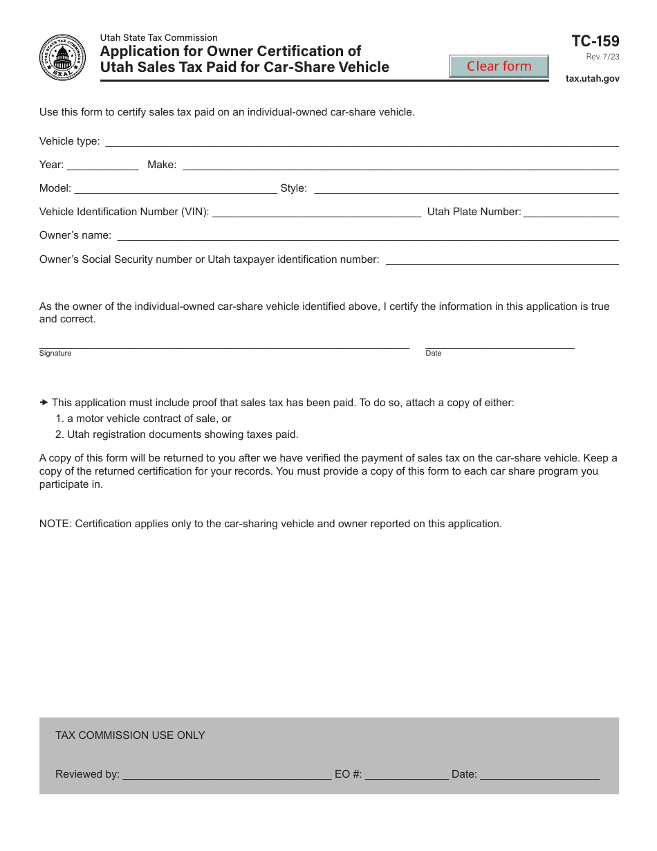 Form TC-159 Application for Owner Certification of Utah Sales Tax Paid for Car-Share Vehicle - Utah, Page 1