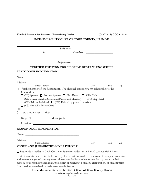 Form CCG0134 Verified Petition for Firearms Restraining Order - Cook County, Illinois
