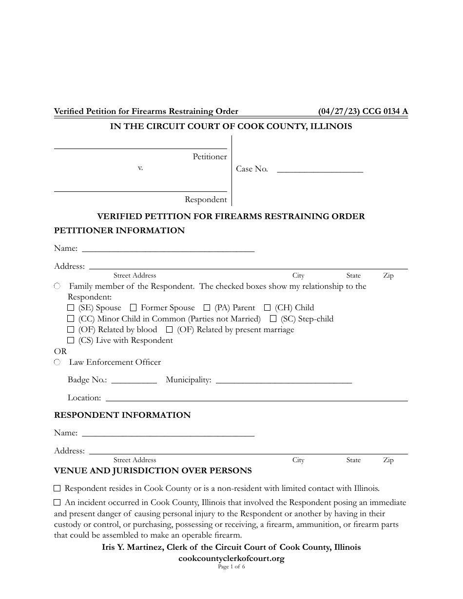 Form CCG0134 Verified Petition for Firearms Restraining Order - Cook County, Illinois, Page 1