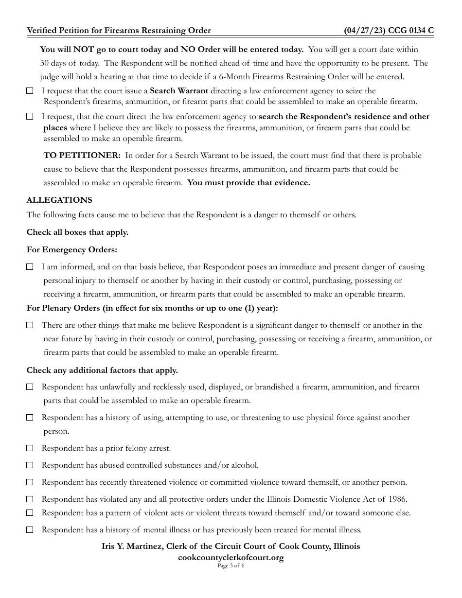 Form CCG0134 Verified Petition for Firearms Restraining Order - Cook County, Illinois, Page 3
