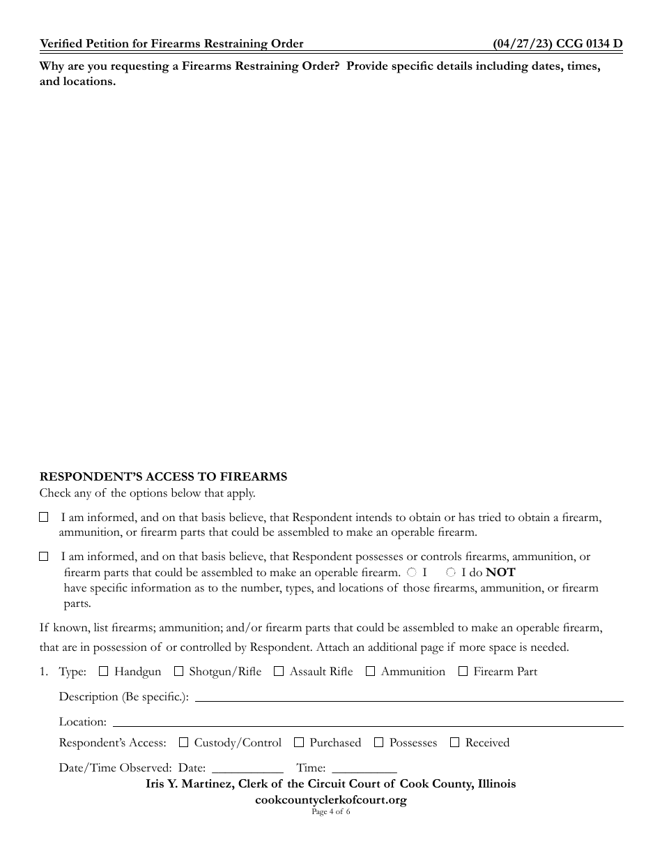 Form CCG0134 Verified Petition for Firearms Restraining Order - Cook County, Illinois, Page 4
