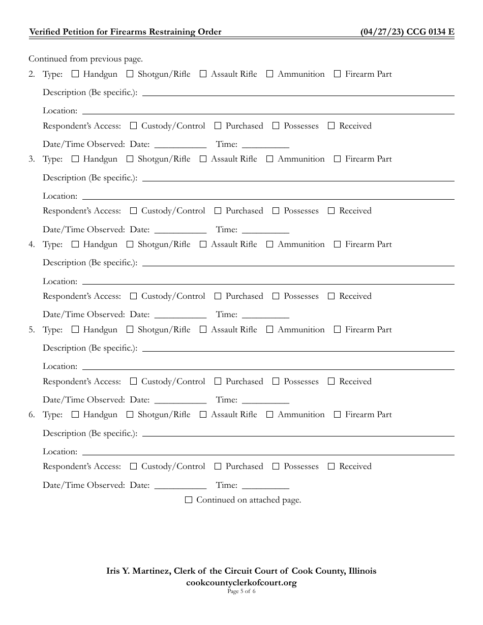 Form CCG0134 Verified Petition for Firearms Restraining Order - Cook County, Illinois, Page 5