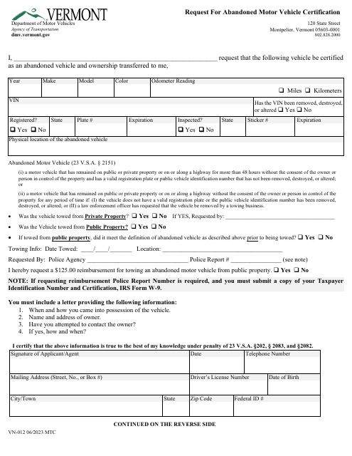 Form VN-012 Request for Abandoned Motor Vehicle Certification - Vermont