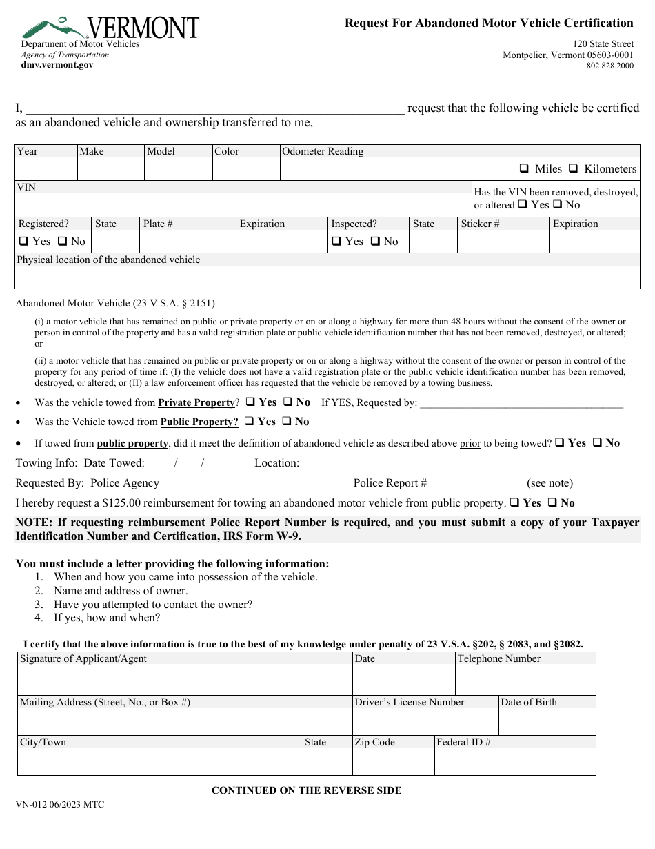 Form VN-012 Request for Abandoned Motor Vehicle Certification - Vermont, Page 1