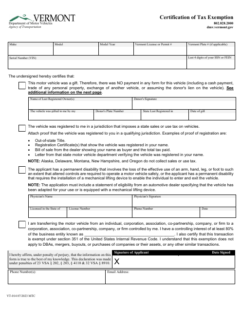 Form VT-014 Certification of Tax Exemption - Vermont