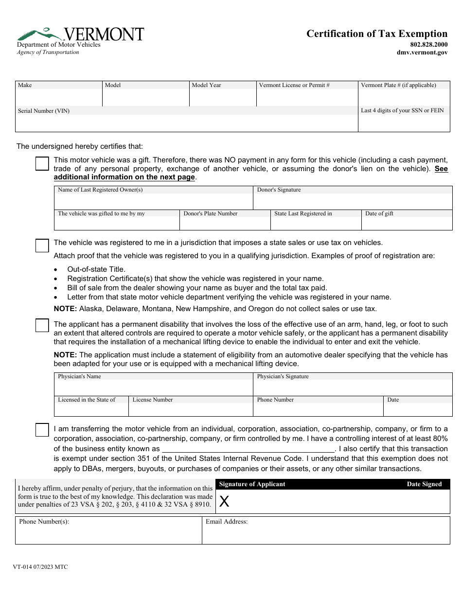 Form VT-014 Certification of Tax Exemption - Vermont, Page 1