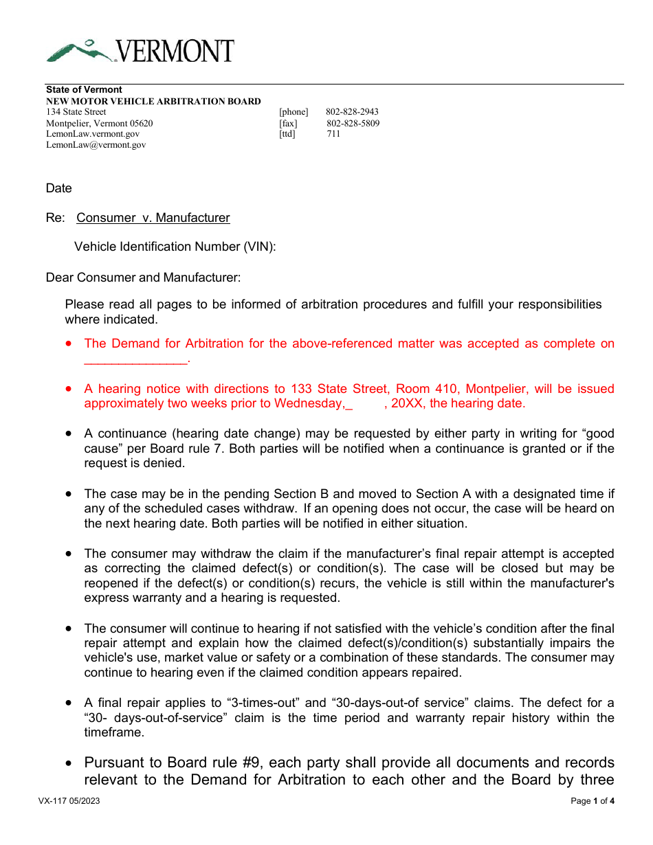 Form VX-117 Lemon Law Case Acceptance - Vermont, Page 1