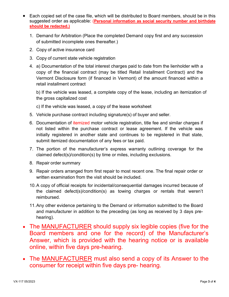 Form VX-117 Lemon Law Case Acceptance - Vermont, Page 3