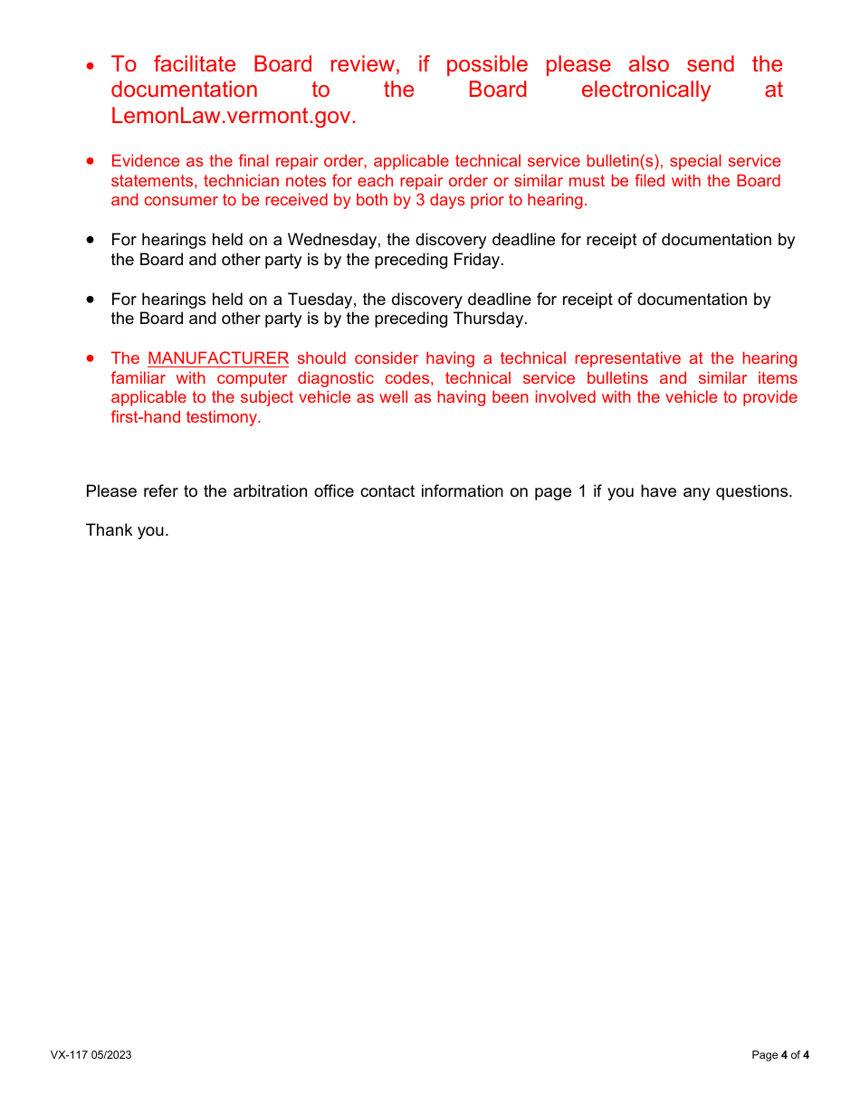 Form VX-117 Lemon Law Case Acceptance - Vermont, Page 4