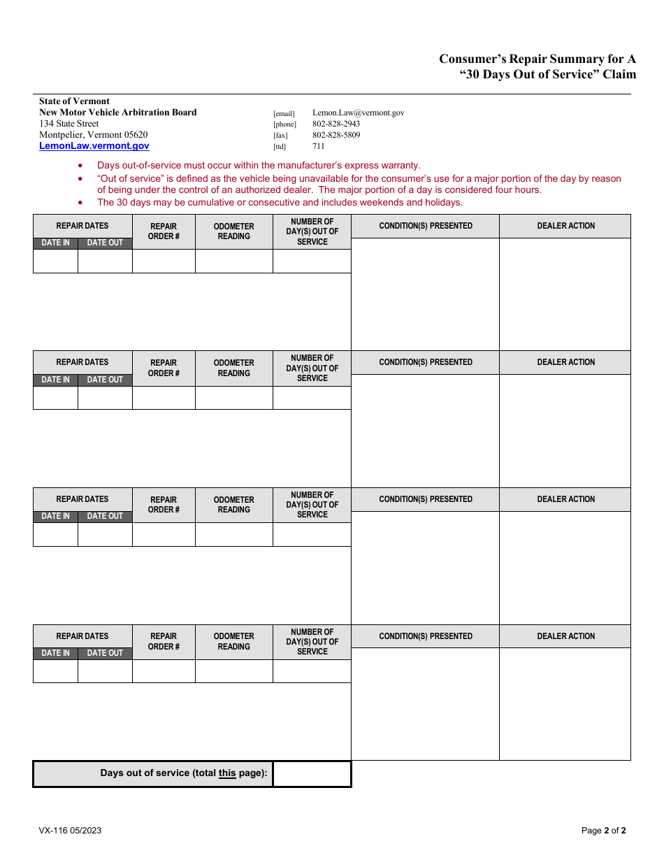 Form VX-116 Consumers Repair Summary for a 30 Days out of Service Claim - Vermont, Page 2