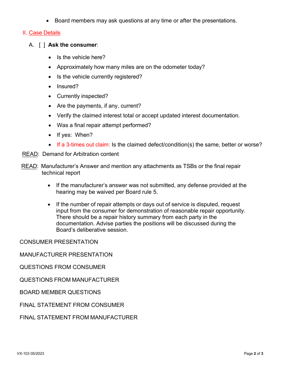 Form VX-103 Motor Vehicle Arbitration Board Hearing Protocol - Vermont, Page 2