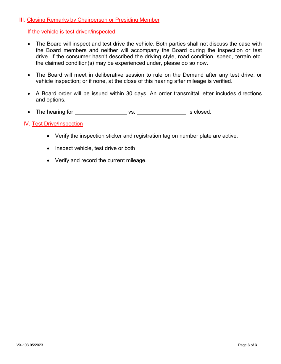 Form VX-103 Motor Vehicle Arbitration Board Hearing Protocol - Vermont, Page 3