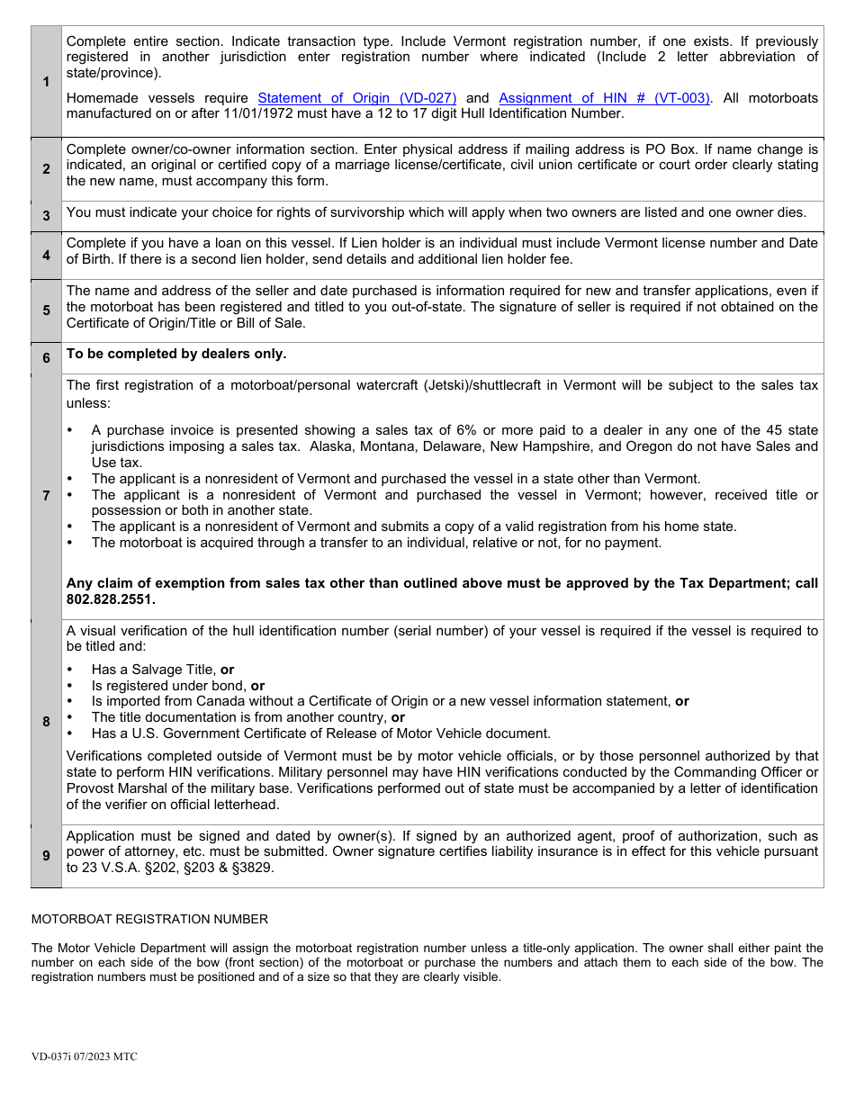 Instructions for Form VD-037 Application for Motorboat Registration - Vermont, Page 3