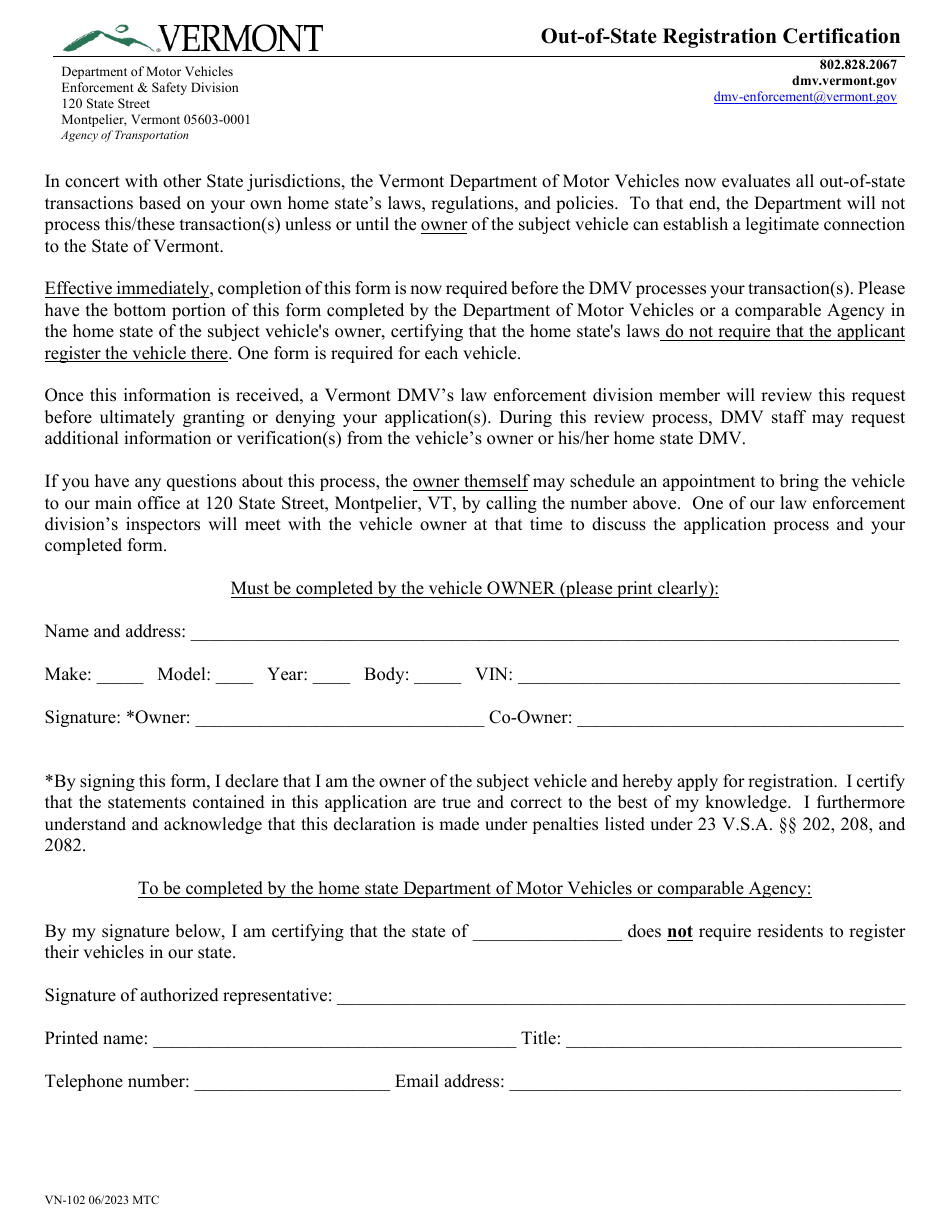 Form VN-102 Out-of-State Registration Certification - Vermont, Page 1