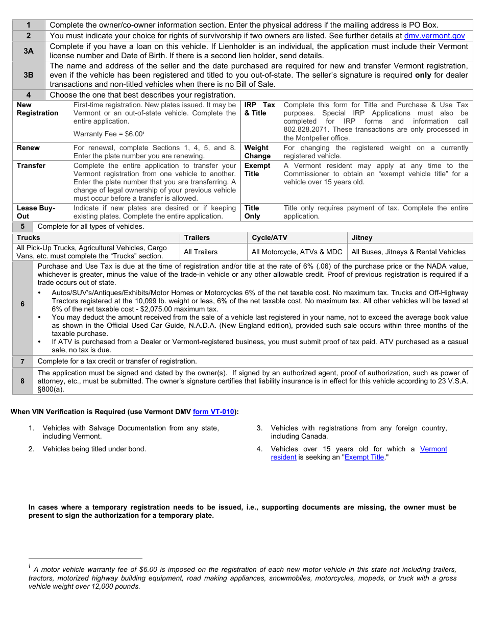 Instructions for Form VD-119 Vermont Registration Tax  Title Application - Vermont, Page 6