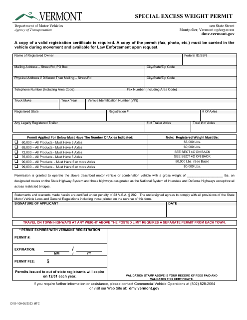 Form CVO-109 Special Excess Weight Permit - Vermont